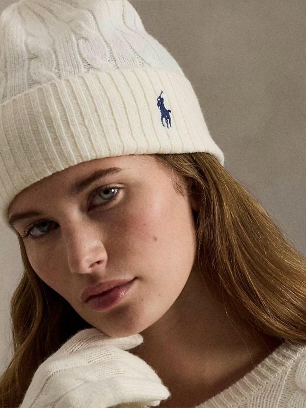 Polo Ralph Lauren beige cable knit beanie hat with embroidered pony wool blend
